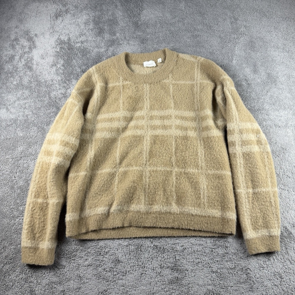 Cyrus Boden Plaid Fuzzy Sweater Womens Medium Beige Cream